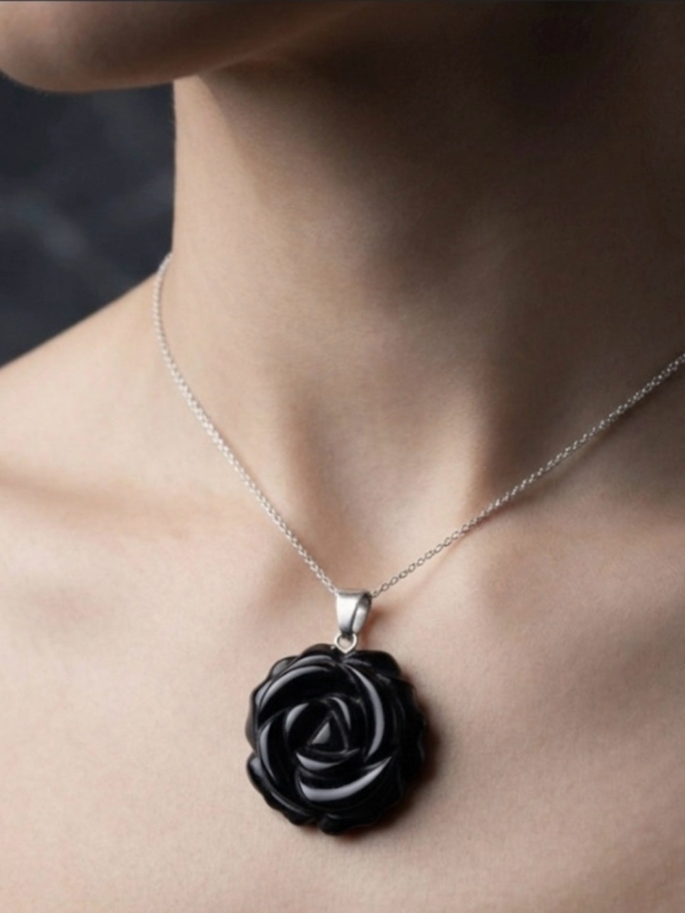 Carved Black Obsidian Rose Pendant